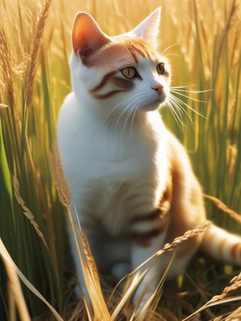  1cat,small cat ,japanese cat outdoors,1cat nature,japanese cat,animal focus,golden ears of rice,rice field,midday sunshine,