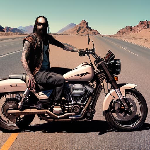 nvinkpunk bald man with goat beard, 30, european, brunette, skinny, no helmet, hands with tattoos rides a harley davidson motorcycle on the road through the desert, day, cracks in the asphalt, no markings, clear weather, desert of mexico; view: front, three quarters