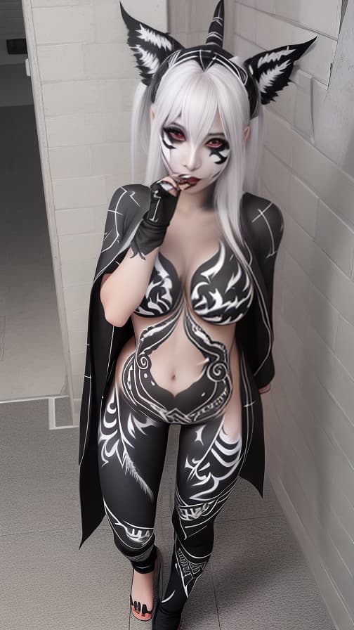  Black and Grey flame pattern body paint in every corner of the whole body,Grey body paint full body, White flame pattern face paint on the face, two dark elf sisters, full body image 女性