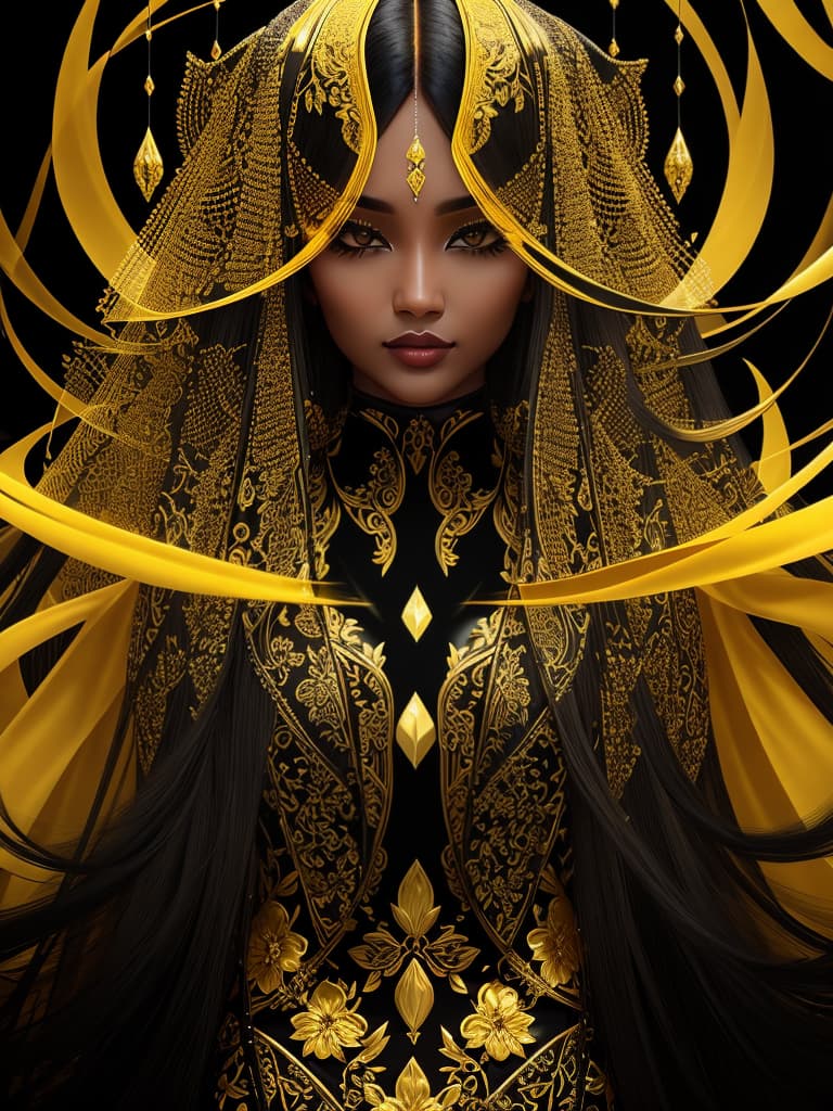  Golden yellow and sleek black color palette, captivating and inviting expression, exuding elegance and charm, magnetic beauty, intricate details, high contrast, luxurious feel, digital art, female, glossy finish, striking composition, dynamic lighting to enhance features.