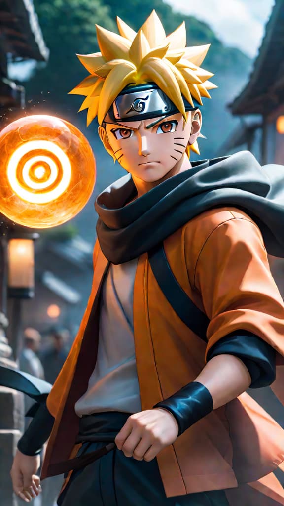  anime art: naruto's rasengan embodies his heritage, emotions, and unwavering determination. hyperrealistic, full body, detailed clothing, highly detailed, cinematic lighting, stunningly beautiful, intricate, sharp focus, f/1. 8, 85mm, (centered image composition), (professionally color graded), ((bright soft diffused light)), volumetric fog, trending on instagram, trending on tumblr, HDR 4K, 8K