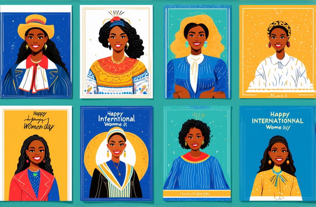  happy international women's day. march 8th. different races and nationalities. colored hand drawn vector illustrations. set of cards and seamless pattern ar 3:2 {prompt}, maximum details