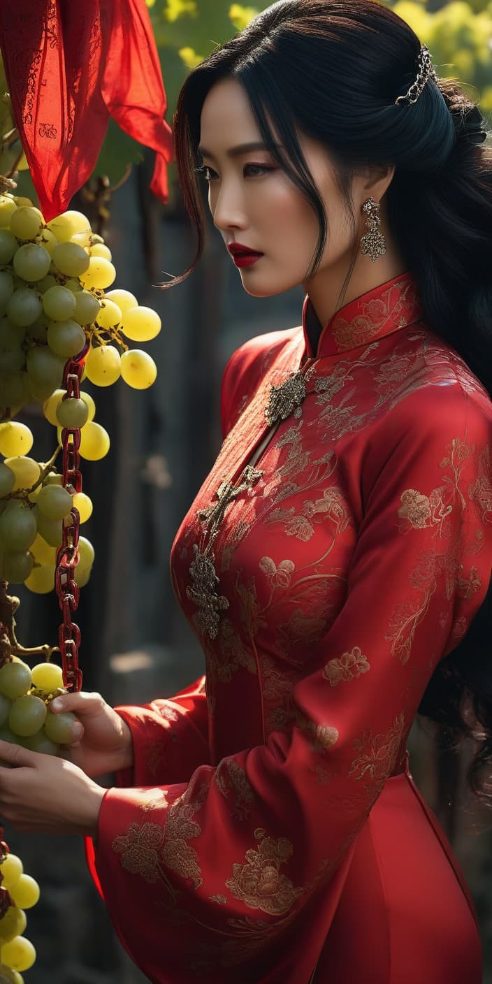  animé. a woman wearing a traditional chinese red dress, a long sleeve, a red silk. long, black hair scattered, stylish, against the back of the grapes, hand holding the iron chain, very beautiful. cinematographic light, light, complex detail, superficialization, incredible detail, complete, complex detail, extremely detailed and thought proof, supermaximum, super detailed with saturated colours hyperrealistic, full body, detailed clothing, highly detailed, cinematic lighting, stunningly beautiful, intricate, sharp focus, f/1. 8, 85mm, (centered image composition), (professionally color graded), ((bright soft diffused light)), volumetric fog, trending on instagram, trending on tumblr, HDR 4K, 8K