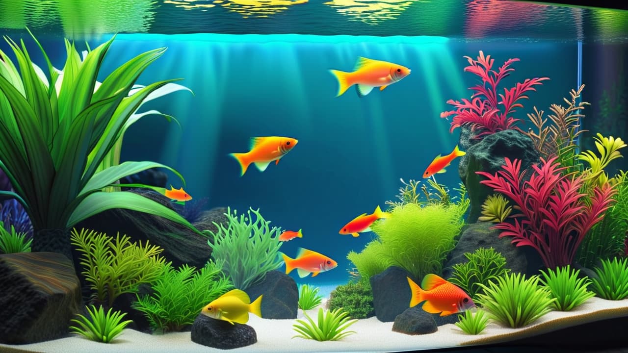  a vibrant fish tank showcasing a variety of colorful fish swimming among lush aquatic plants, clear water, and decorative rocks, with a filtration system visible. soft lighting enhances the serene underwater scene. hyperrealistic, full body, detailed clothing, highly detailed, cinematic lighting, stunningly beautiful, intricate, sharp focus, f/1. 8, 85mm, (centered image composition), (professionally color graded), ((bright soft diffused light)), volumetric fog, trending on instagram, trending on tumblr, HDR 4K, 8K