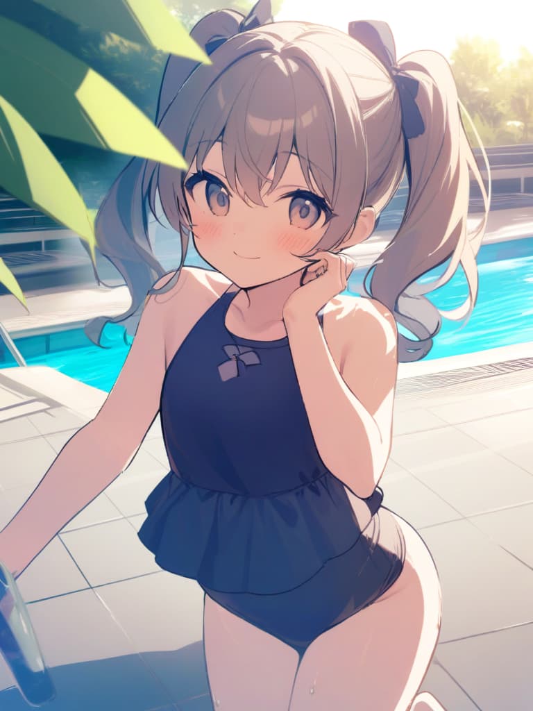  women's elementary students, twin tails, rich smiles, cute smiles, navy blue swimwear, old swimwear, swimwear, simple, male, shaped clear , shaped clear, clear stem, shaped crisp, male bulge,, front. the whole body, pool side,