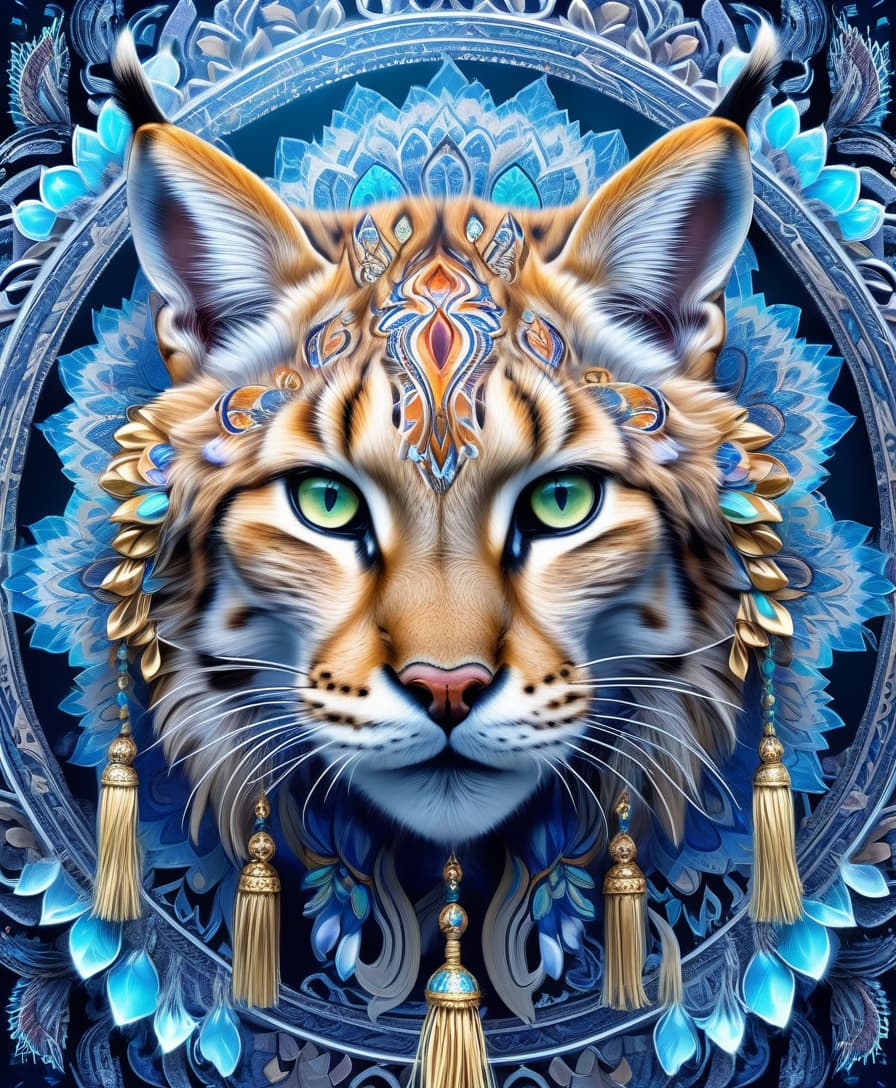  expressionist masterpiece, hdr 8k, digital image. conceptual art. (siberian lynx, majestic wildcat, powerful paws, flexible strong body, piercing feline eyes, sharp fangs, (tassels on ears:1.2), (hunted down prey, preparing to attack:1.2), appearing in ancient russian ethnic ornaments that make up a symmetrical mandala consisting of an endless forest, a wide flowing river and majestic mountains, the mandala is decorated with a fantastic ice pattern). abstract elements: stones, tree leaves, flowers. the effect of dissolving the natural shades of fur in sky waves. filigree finishes, mysterious neon glowing accents, intricate. stylization. neo rococo style. stylish, dynamic, atmospheric. background dissolving abstract patterns in the space::