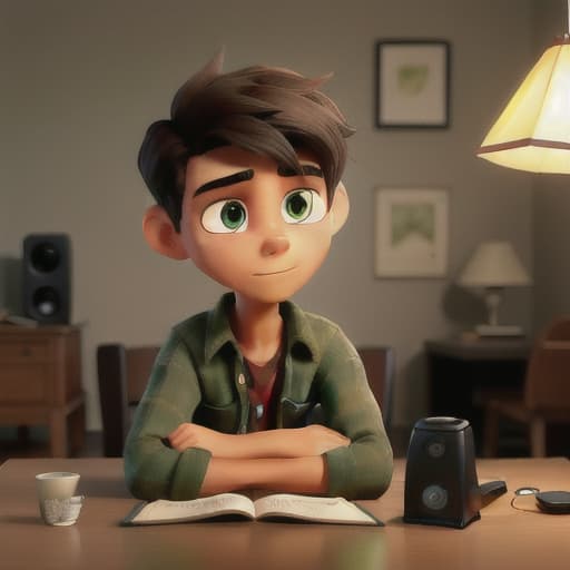  kash, a tall and lean figure with dark hair and piercing green eyes, moves across the dimly lit room. the soft glow of a lamp casts shadows on the walls, creating a mysterious ambiance. as he reaches the antique wooden phone resting on a small table, he extends his hand towards it with a sense of cautious curiosity. his long fingers wrap around the receiver, feeling the smooth, cool surface beneath his touch. with deliberate care, kash lifts the phone from its cradle, the cord twisting slightly as it unravels. the room is filled with a faint static hum as he brings the receiver to his ear, the sound echoing in the quiet space. he pauses for a moment, his expression thoughtful and contemplative, as if weighing