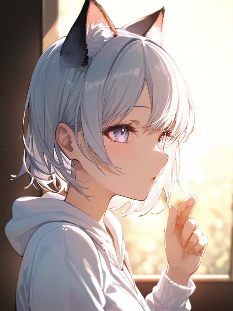  girls, cat ears, white hair, white hoodie, short hair, front, masterpiece, best quality,8k,ultra detailed,high resolution,an extremely delicate and beautiful,hyper detail