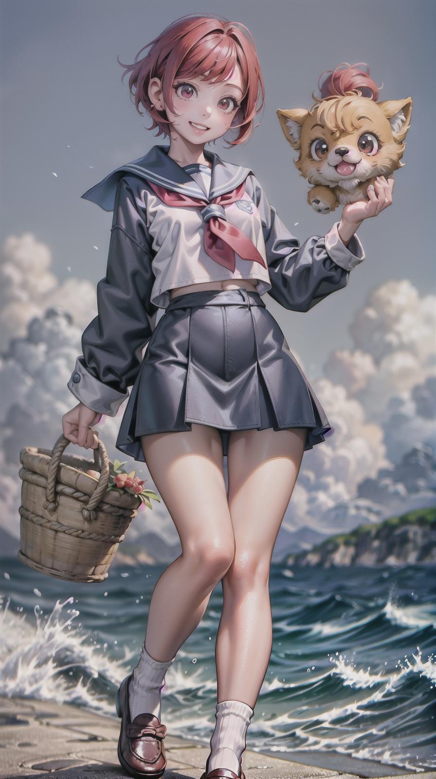  master piece , best quality,i am a girl. i have red hair. my hairstyle is asymmetrical. it's a short cut. i have a very cute face. i have big red eyes. i have prominent canine teeth. i am always smiling. i am wearing a sailor uniform. the background is the sea. it's a full body illustration. i am wearing loafers and socks. i have a very youthful face. i am short.