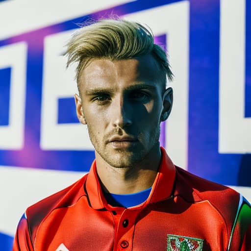 portrait+ style Hungarian LGBT queer footballer blonde hunk dude face