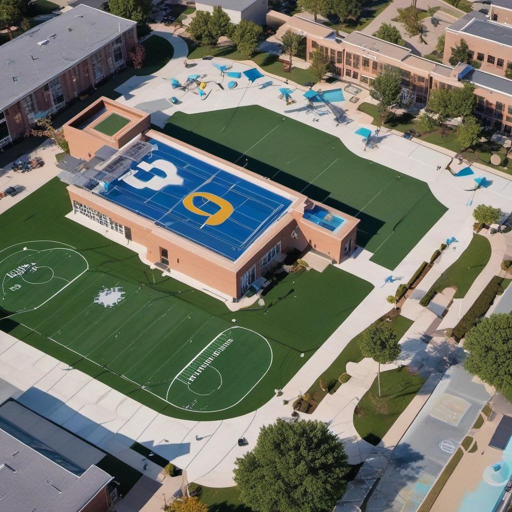  high school exterior aerial layout that’s cozy with inspiration for creativity. sports on roof, pool in the back, beautiful curb appeal , mystical style