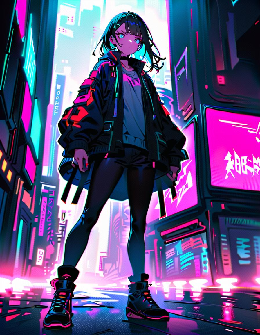  a young, punk styled male, wielding a katana with dynamic movements, confident and determined, break a cyberpunk adventure in a neon lit city, a bustling neon lit street, graffiti, neon signs, futuristic vehicles, and holographic displays, break vibrant and chaotic, glitch effects, neon light reflections, and vibrant color contrasts,