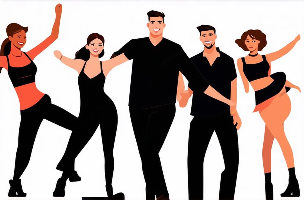  dancing people. group of young happy dancers or men and women isolated on white background. smiling young men and women enjoying dance party. flat style. vector illustration ar 3:2 {prompt}, maximum details