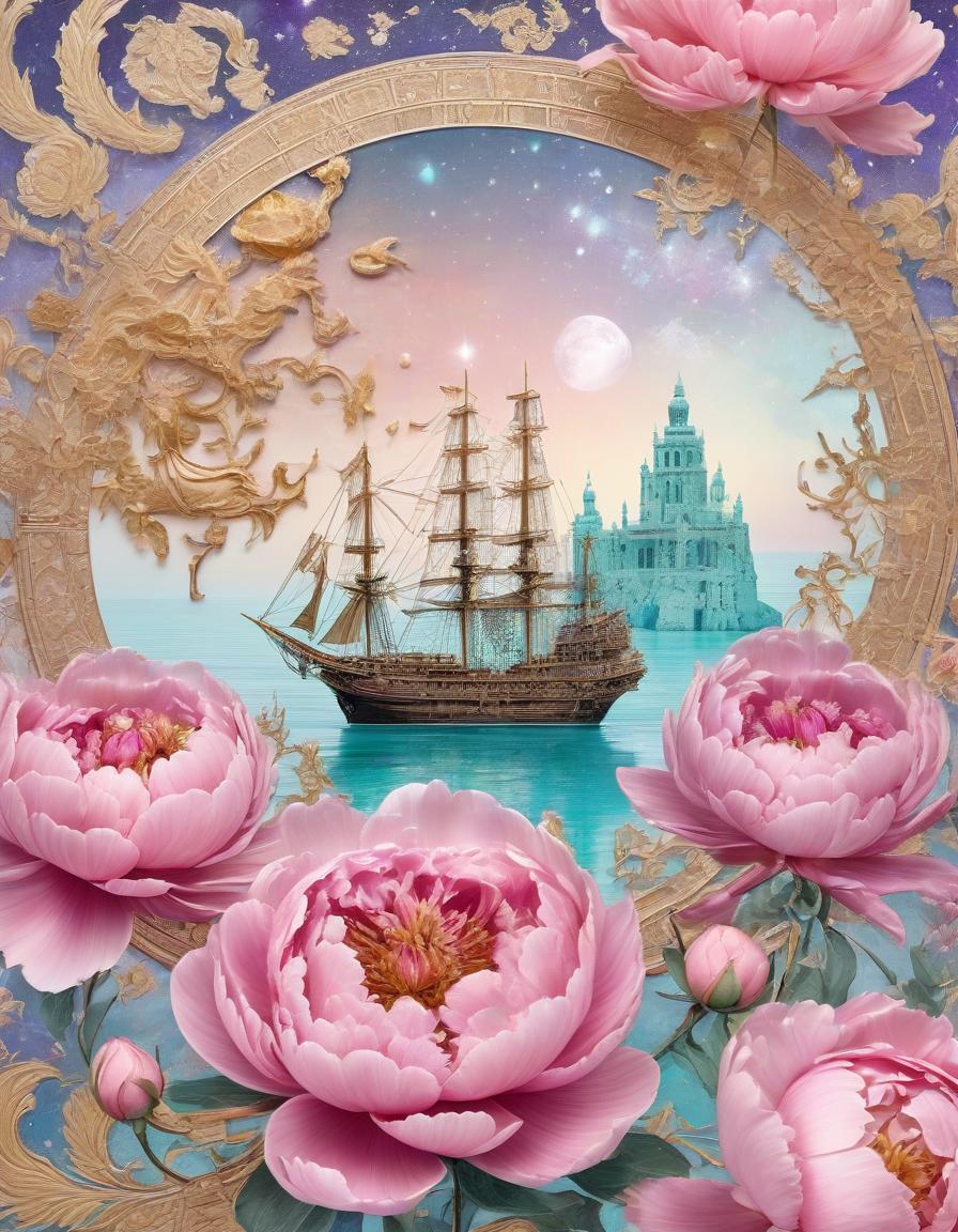  space themed a delicate sketch on a mother of pearl sheet in the artistic style of gongbi and xie yi, double exposure, layering, a frigate under sail near the horizon in an exquisite dusty pink extravaganza, a frame of lush big peonies and roses near the ruins of old fortress, the sea at sunset, aquamarine, turquoise and a gradient from peach to light purple, gold craquelure, digital academic processing, high quality, filigree drawing of small details . cosmic, celestial, stars, galaxies, nebulas, planets, science fiction, highly detailed