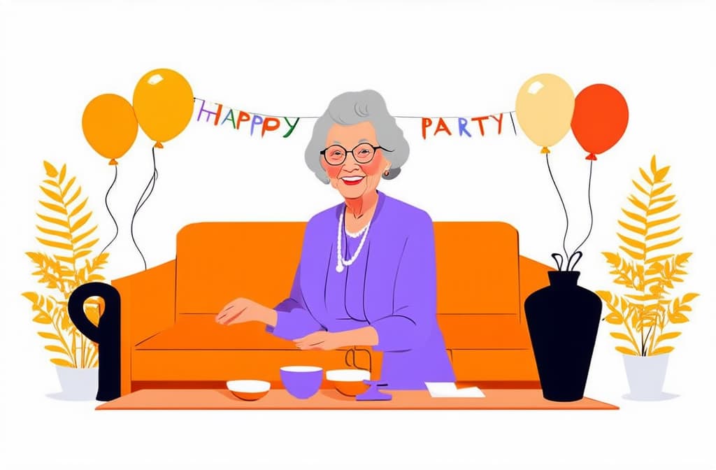  flat illustration, flaticon, (illustration:1.15), happy grandma in elegant clothes, balloons around, light background. birthday party ar 3:2, [cory loftis, strobist, pascal campion :: 0.2]