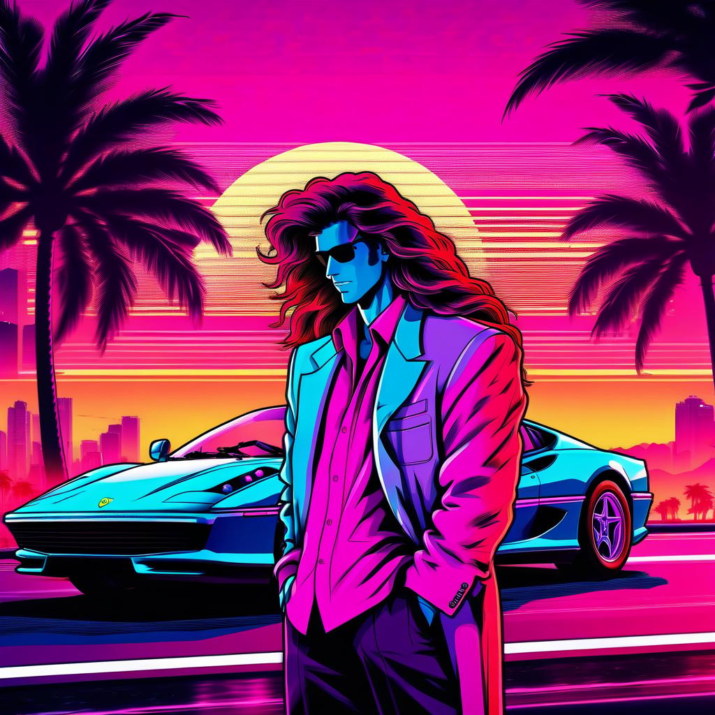  manga style retrowave man with long hair in next to the ferrari, retrowave road, retrowave sun, retrowave palm tree, retrowave billboard . vibrant, high energy, detailed, iconic, japanese comic style