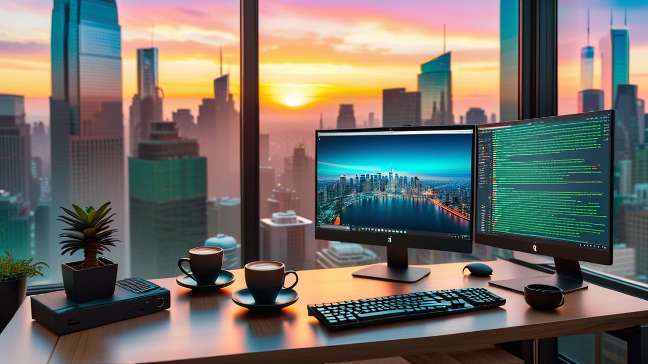  a sleek, modern workspace featuring a computer screen displaying code snippets in various programming languages, surrounded by coffee cups, notepads, and tech gadgets, all set against a backdrop of a vibrant city skyline. hyperrealistic, full body, detailed clothing, highly detailed, cinematic lighting, stunningly beautiful, intricate, sharp focus, f/1. 8, 85mm, (centered image composition), (professionally color graded), ((bright soft diffused light)), volumetric fog, trending on instagram, trending on tumblr, HDR 4K, 8K