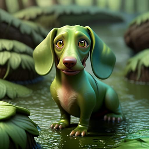  green dachshund, swamp, pixarstyle, by dreamworks, pixar, 3d, highly detailed, cartoon, cute , furry , expressive , by seth casteel , carli davidson , rachael hale mckenna, kaylee greer, sophie gamand