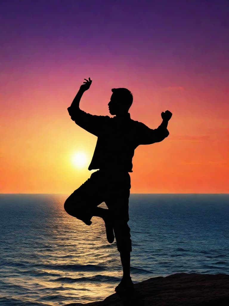  Close up of the silhouette of a man doing Thai Chi on a cliff overlooking the ocean with a sunrise in the background. RAW, realistic