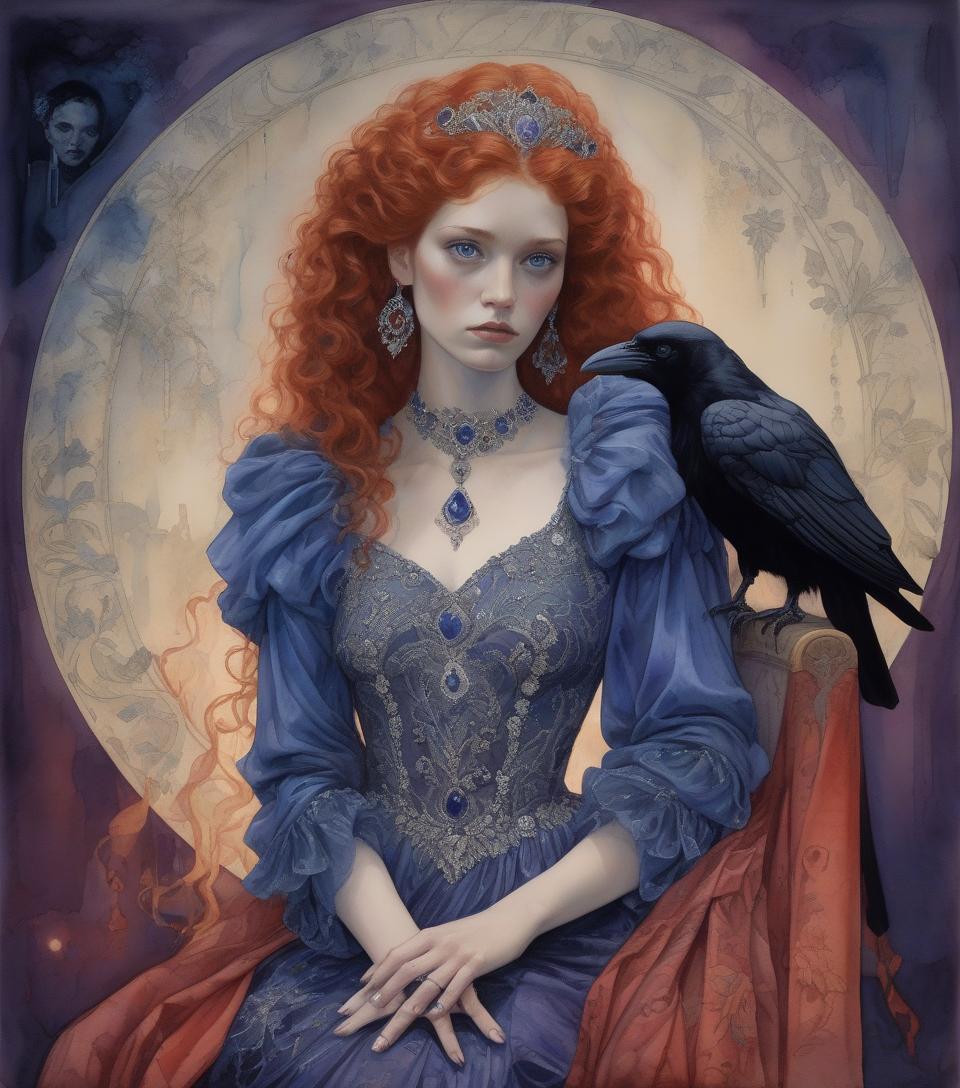  a portrait of a woman with voluminous red hair, fair skin, in a detailed blue gown with ornate jewelry, exuding a regal aura. ((watercolor oil painting, red lighting shadows, gail potocki, sergio toppi, leonor fini, sidney sime)) a beautiful young woman with hair the color of spun copper, adorned in a rich blue dress with violet hues, its fabric detailed with intricate silver embroidery that hints at a past life of opulence, now tarnished by loss. she is surrounded by forgotten treasures, the moonlight illuminating her lost dreams. a night black raven near her shoulder, maybe, she could mend the broken pieces of her own heart, one stitch at a time.