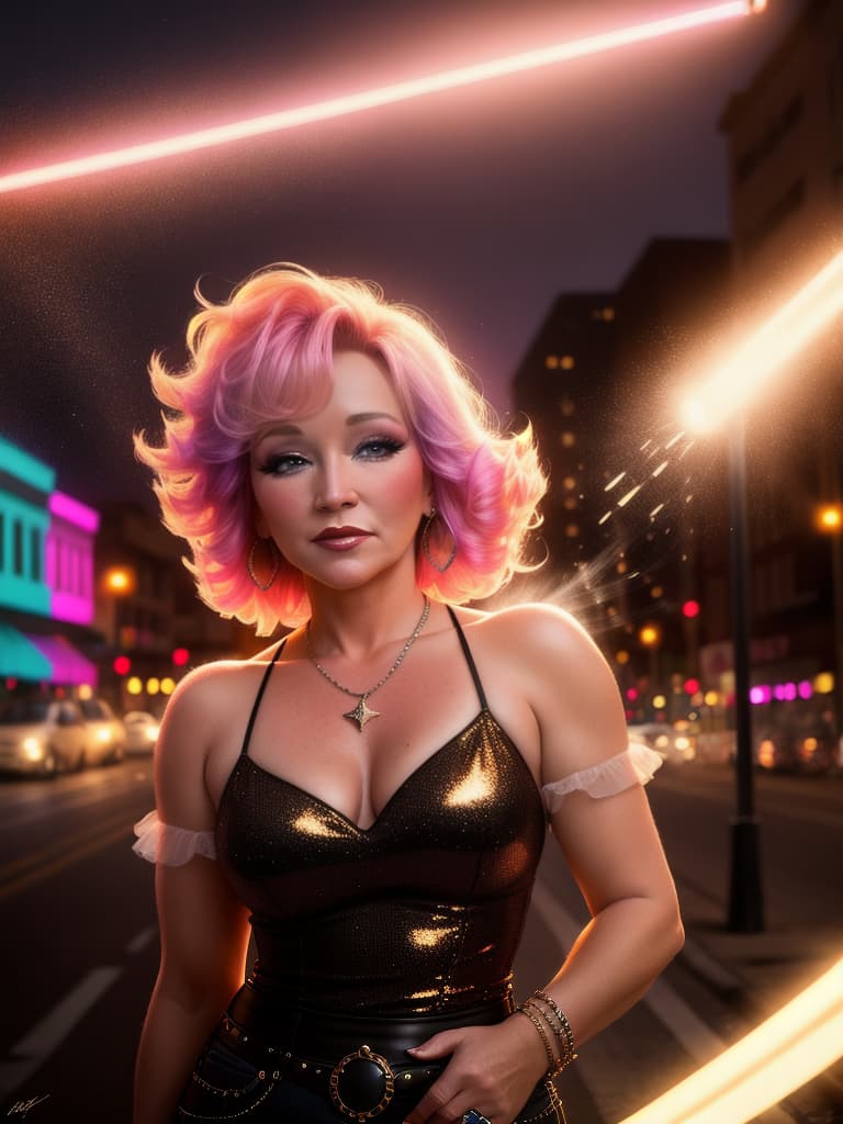  A younger country singer Tanya Tucker, medium shot, upper body, spotlight, long exposure lighting, street art style spray paint, glamour lighting