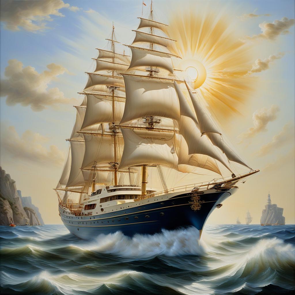  nautical themed yacht, sea, sun, rococo, oil, canvas, high quality image . sea, ocean, ships, maritime, beach, marine life, highly detailed