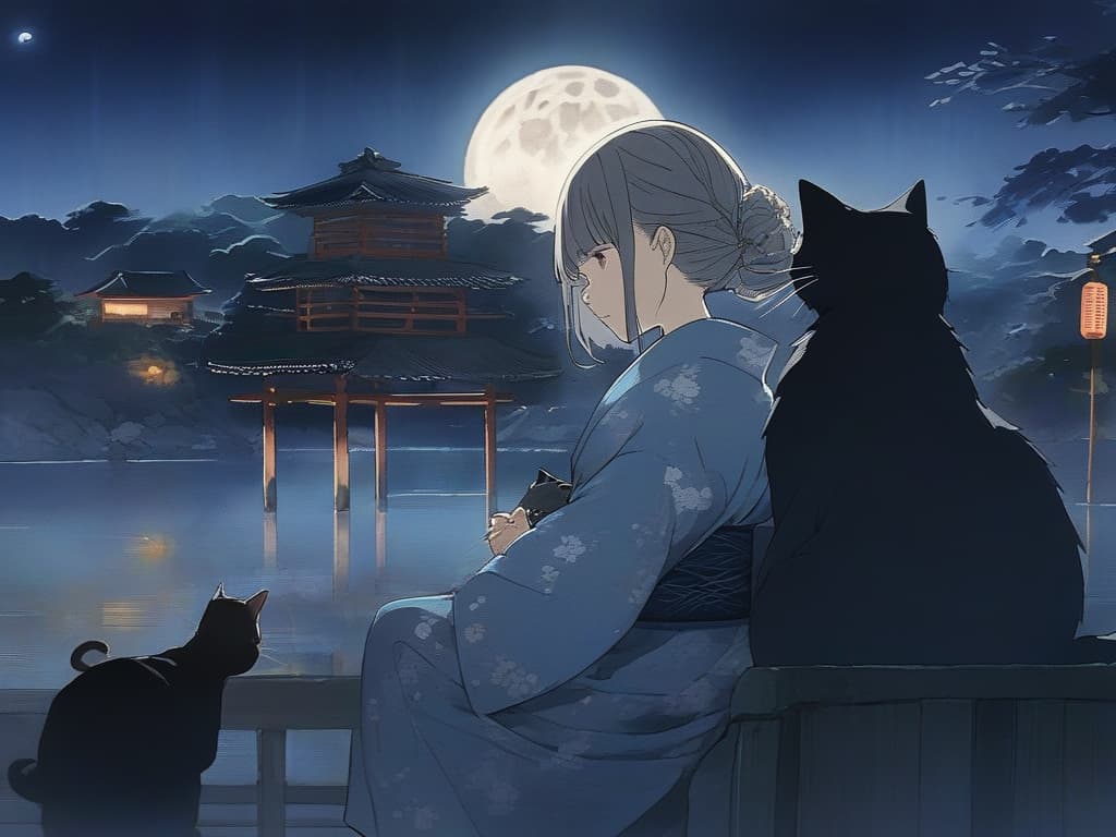  full moon, moon night, gray hair, okappa, yukata, one girl, black cat, end