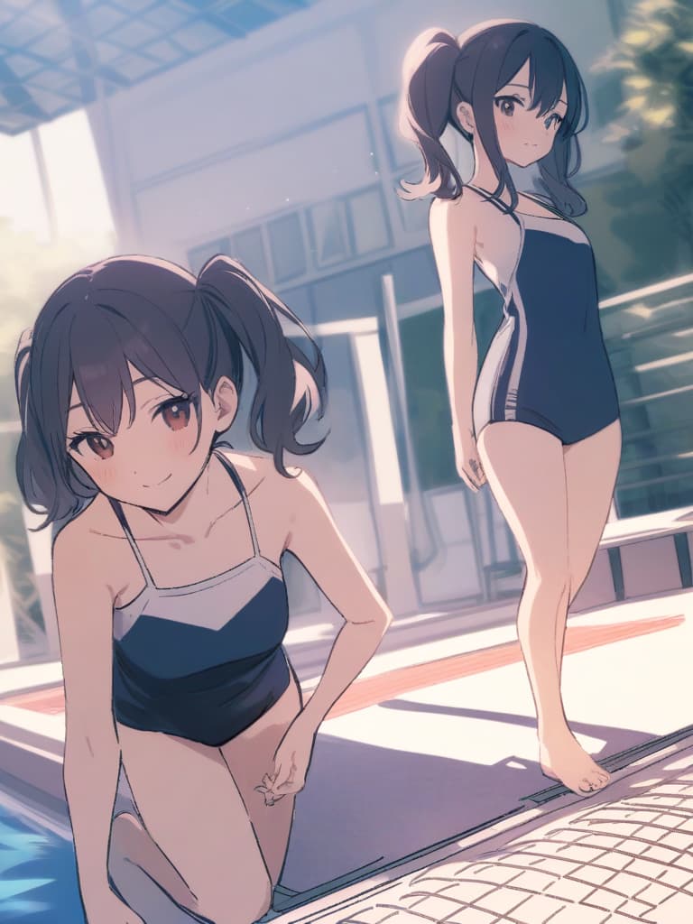  junior s, twin tails, cute smiles, dark blue hits, dark blue swimwear, dark blue swimwear, s' (double , clear l), whole body, poolside,