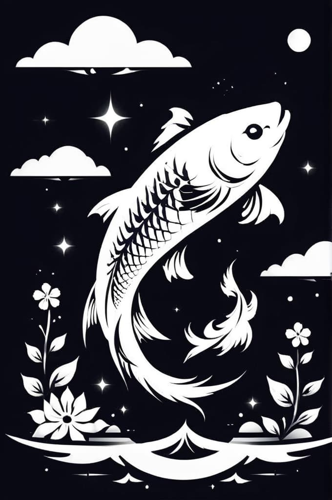  3 koi fish, flowers, clouds, (tattoo:1.15), black and white style, hq, hightly detailed, 4k