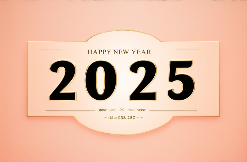  professional detailed photography, happy new year 2025 poster on peach background ar 3:2, (muted colors, dim colors, soothing tones), (vsco:0.3)