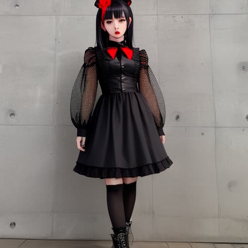  Gothic Lolita, black-red mesh, punk makeup, full body 女の子 ファッション