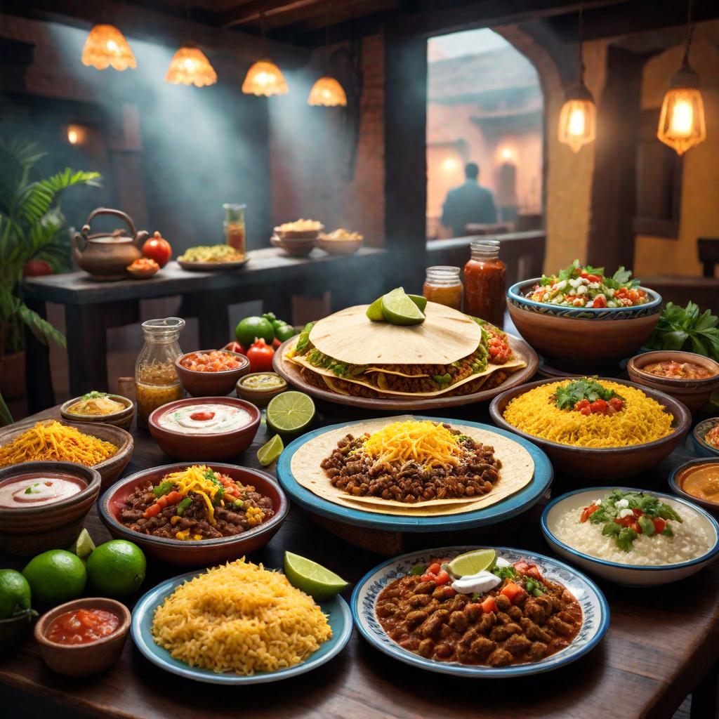  a table full of mexican food hyperrealistic, full body, detailed clothing, highly detailed, cinematic lighting, stunningly beautiful, intricate, sharp focus, f/1. 8, 85mm, (centered image composition), (professionally color graded), ((bright soft diffused light)), volumetric fog, trending on instagram, trending on tumblr, HDR 4K, 8K