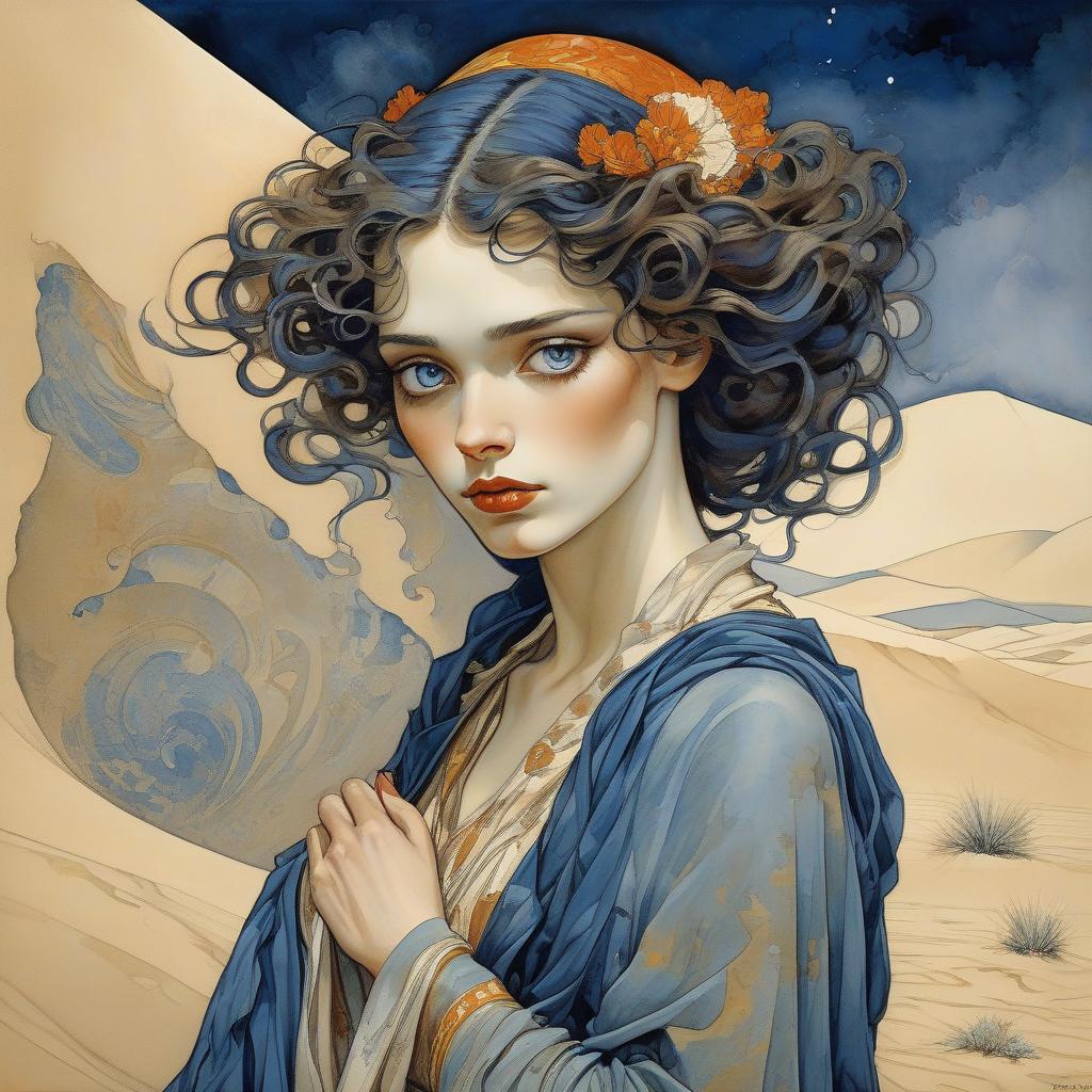  mucha paint a beautiful woman in sand desert stormy, watercolor and ink imperial colors, art deco by annigoni, egon schiele, milo manara, botticelli, catrin welz stein, jean metzinger, klimt, perfect eyes, perfect handsface, highly detailed, splatter, dynamic pose, dark blue background