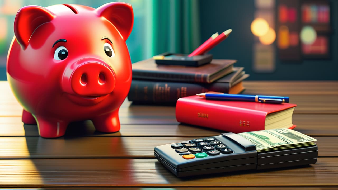  a stylish wallet filled with cash and credit cards next to a small, elegant piggy bank, both sitting on a wooden table surrounded by a calculator, notepad, and colorful pens. hyperrealistic, full body, detailed clothing, highly detailed, cinematic lighting, stunningly beautiful, intricate, sharp focus, f/1. 8, 85mm, (centered image composition), (professionally color graded), ((bright soft diffused light)), volumetric fog, trending on instagram, trending on tumblr, HDR 4K, 8K