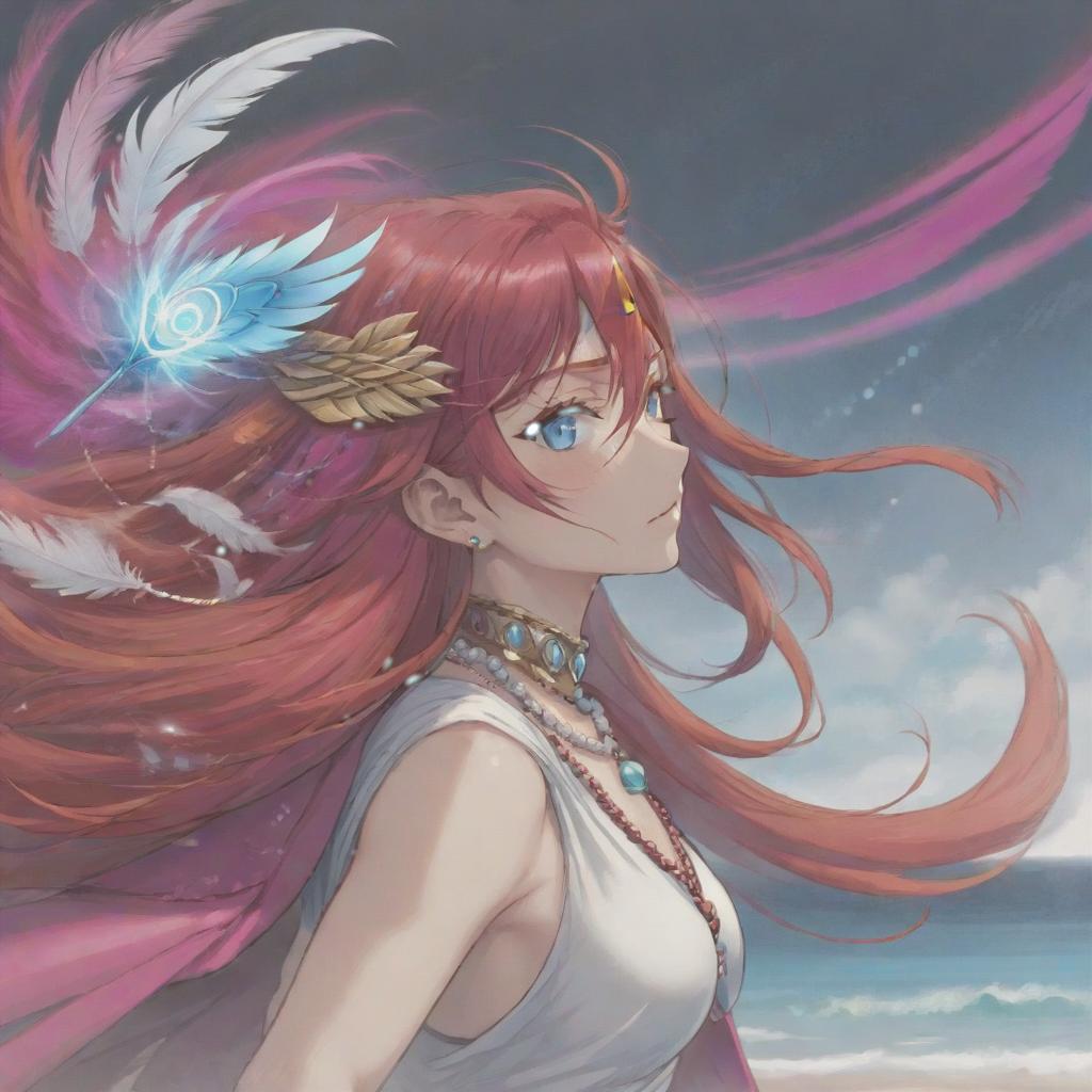  long exposure photo of portrait of strong rage woman valcyria. blue eye. long red hair. tilting head down, magenta mantle, shoulder pad feather, accessory necklace with pearls on the forehead, by the sea . blurred motion, streaks of light, surreal, dreamy, ghosting effect, highly detailed, sticker, hkmagic, perfecteyes