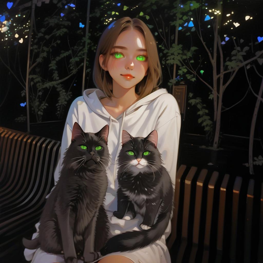  girl with green eyes, two cats, spotlights, stage, space in the background, love of music, idol