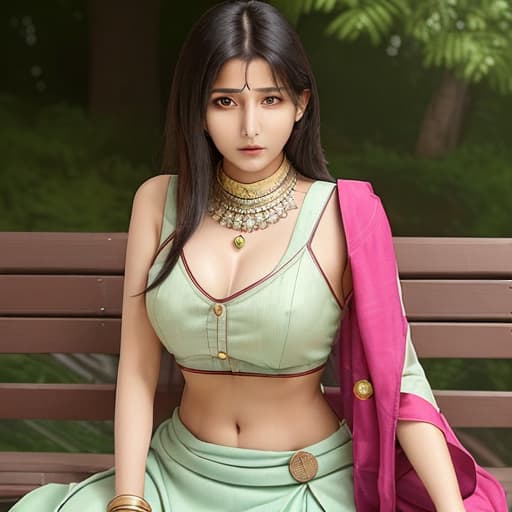  a indian lady sitting on bench and remove her chest button show her half chest