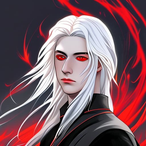  A medieval young man with white hair two swords and red eyes