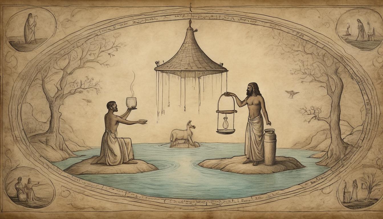  on parchment, surrealism++, ancient well with flowing water, figures cupping hands to drink, ambient glow, sense of wisdom being shared freely, nurturing, purity(mysterious, provocative, symbolic)++