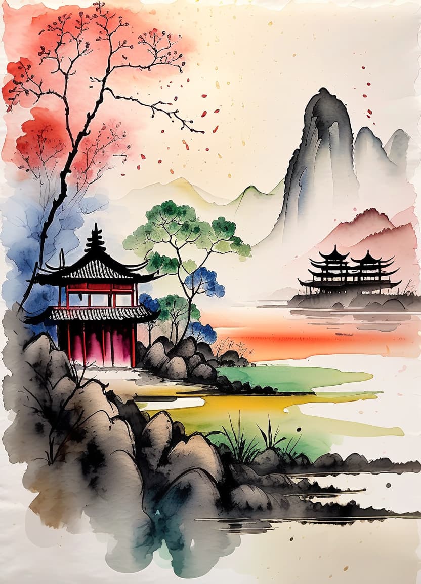  watercolor painting asia on rice paper, wabi sabi, ink, watercolor, high contrast, . vibrant, beautiful, painterly, detailed, textural, artistic