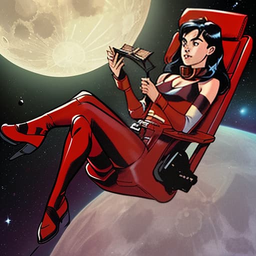  horizontally 3 red chairs in zero gravity hover on the moon, in the background depicts the planet earth, in the style of a comic book with a color image