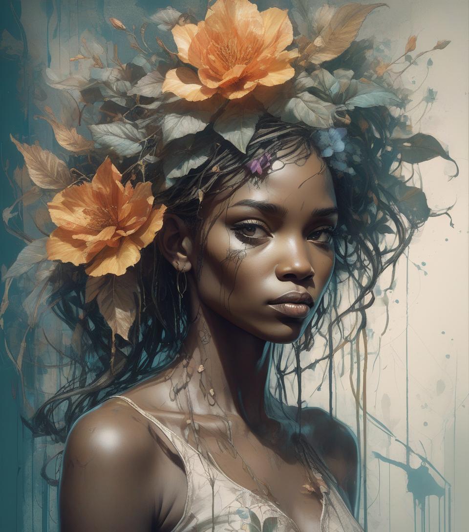  concept art beautiful african woman in a floral background, fine line drawing by harrison fisher and the talent of brian froud, complemented by the abstract depths of jeremy mann, the beauty of carne griffiths' faces, blending the fantastic muscular realism of boris vallejo, layered painting watercolor for striking effect and ultra fine, texture reminiscent of cracked parchment, natural lighting, perfect light natural volumetric cinematic soft, chiaroscuro, award winning photography, maximalist, masterpiece, deep complementary colors, extreme details, beautiful incredibly detailed and complex octane rendering, trending on artstation, dystopian, elemental, ethereal, fanciful, in the style of greg rutkowski . digital artwork, illustrative, pa