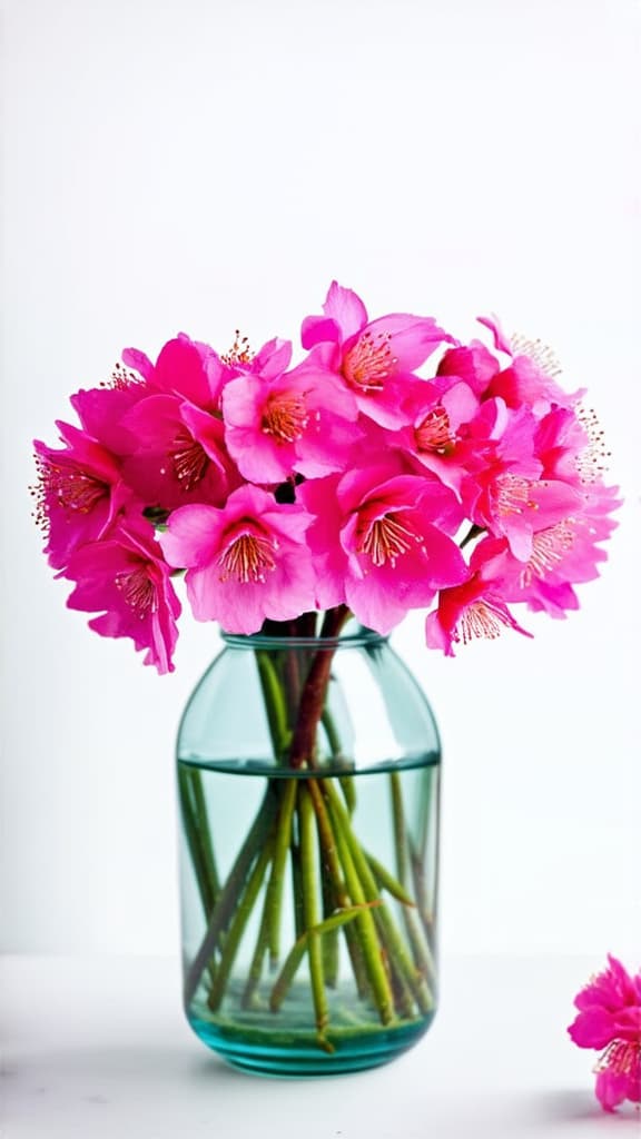  pink cherry blossoms in vase on white background ar 9:16 {prompt}, maximum details