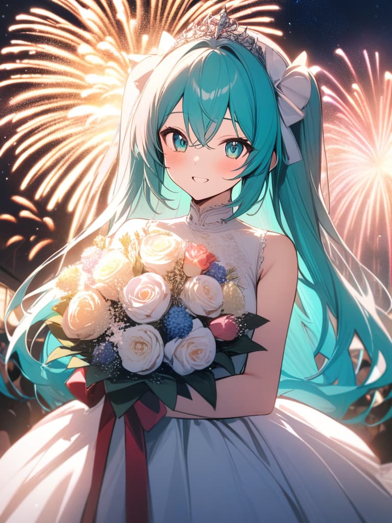  hatsune miku, cute, happybirthday, smiling, bouquet, full smile, dress, tiara, fireworks behind, masterpiece, best quality,8k,ultra detailed,high resolution,an extremely delicate and beautiful,hyper detail