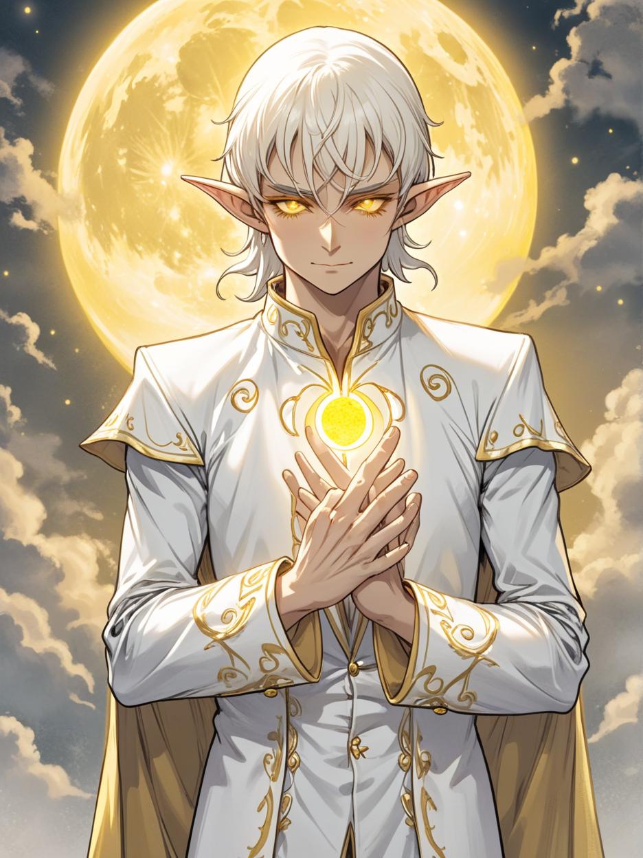  manga artwork a powerful male elf sorcerer in a white suit and hat, standing with his hands clasped at his chest, his eyes shining gold, behind him a bright yellow moon. manga artist. manga, highly emotional. best quality, high resolution