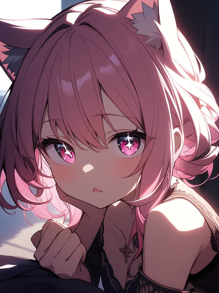  ((beautiful,pretty girl,cat ears,bun hair,cute,sparkly eyes,pink eyes,omega shaped mouth,bob hair,cat ears,pink hair,resting chin on hand))、ultra detailed,best shadow,cute and beautiful face,(masterpiece:1.2),(best quality:1.2),detailed background,high contrast,(best illumination,an extremely delicate and beautiful),((cinematic light)),hyper detail,dramatic light,intricate details,8k,anime,very aesthetic