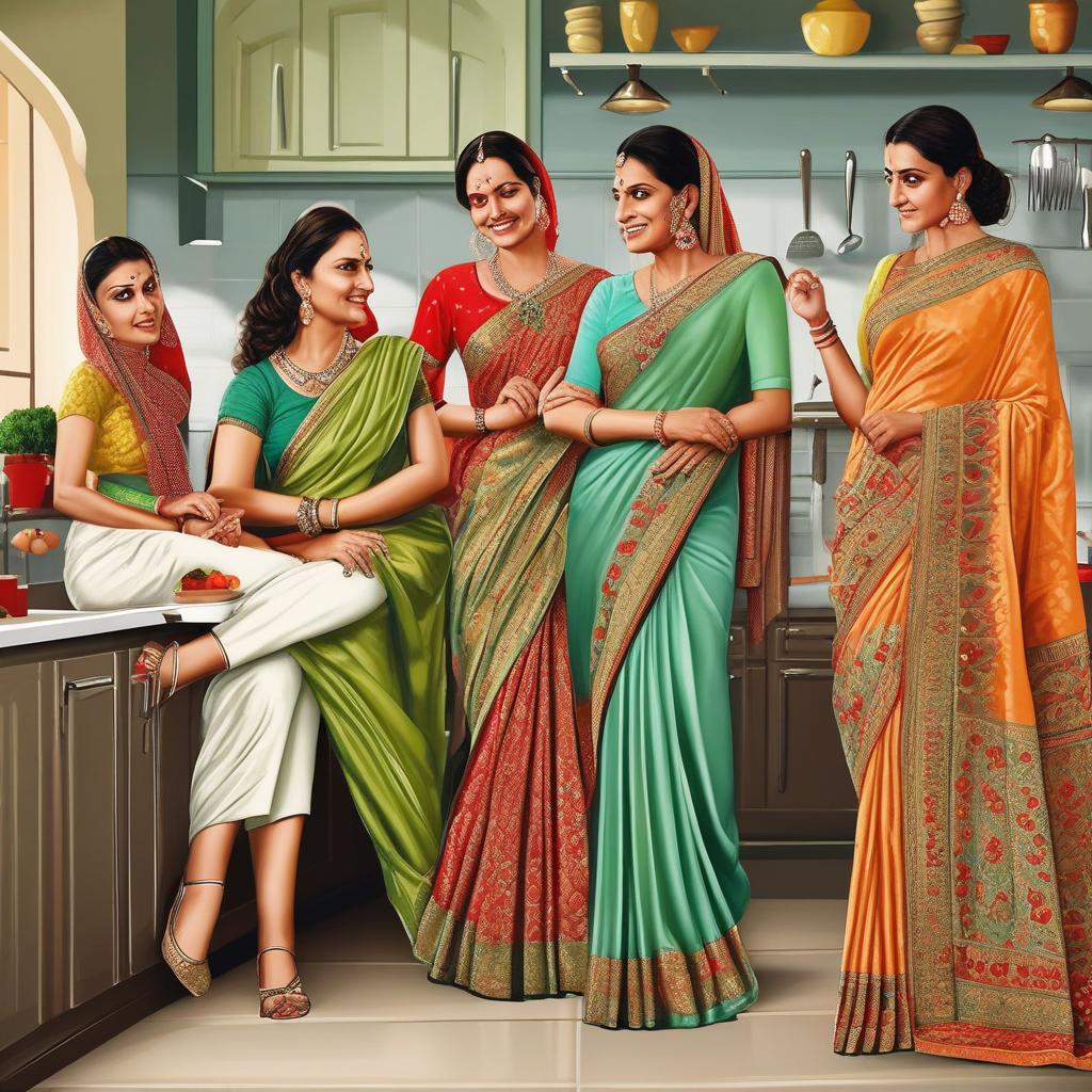  masterpiece, best quality, four aunty in saree in kitchen