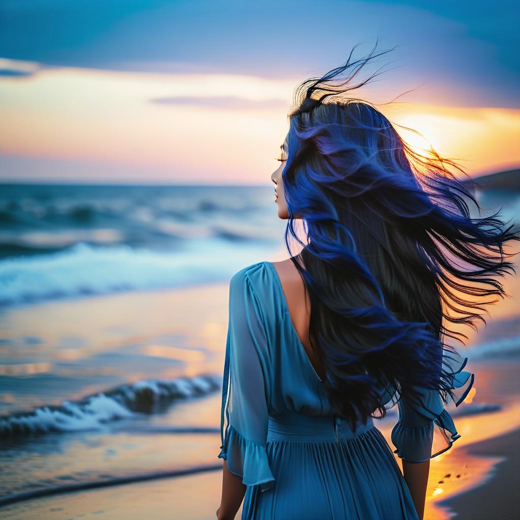  cinematic photo a with long loose indigo hair below the waist, fluttering in the wind, and pale skin stands on the seashore and admires the sunrise, straightening up to her full height. . 35mm photograph, film, bokeh, professional, 4k, highly detailed