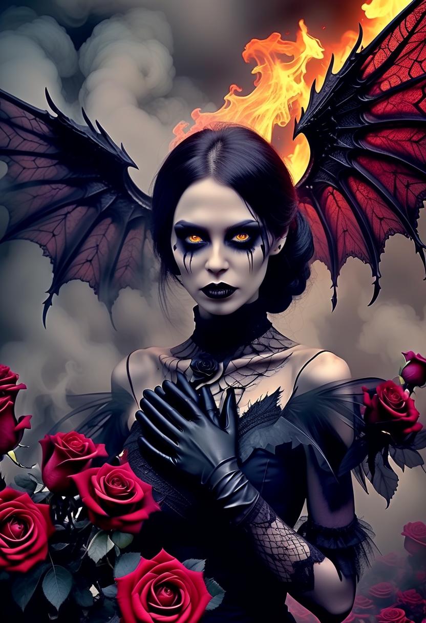  macabre style dark fantasy, horror. surrealism is grotesque, a gothic vamp girl with wings, an emphasis on eyes and lips. fractal background fire, hands, gloves, roses, smoke, body art style, high quality details, best quality,cool2 8k,ultra hd . dark, gothic, grim, haunting, highly detailed, perfecteyes, hkmagic