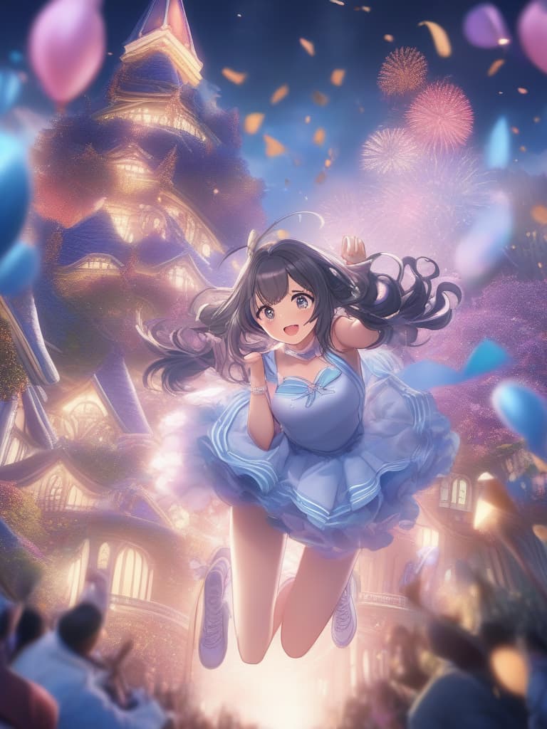  detailed,vivid colors,beautiful blue sky background,(masterpiece,hyper quality 1 5),ultra detailed,highlight eyes,detailed face,looking,scenery,master piece,best quality,ultra detailed,high resolution,8k,cute dollike girls,a sea of clouds illuminated by moonlight,smile,athletic world,magical animals,charming girls,lolita,100 tiered ruffle,pastel color,cheerleader,cheerleader outfit,holding 2 pompons ,raising one arm,falling confetti hyperrealistic, full body, detailed clothing, highly detailed, cinematic lighting, stunningly beautiful, intricate, sharp focus, f/1. 8, 85mm, (centered image composition), (professionally color graded), ((bright soft diffused light)), volumetric fog, trending on instagram, trending on tumblr, HDR 4K, 8K